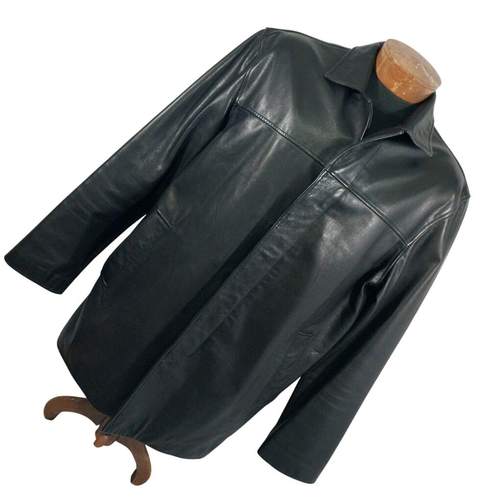 BANANA REPUBLIC! LUXE BLACK GENUINE LEATHER SLEEK STADIUM LENGTH JACKET! SZ L